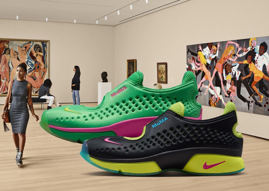Nike Air Rift x MoMA collaboration sneaker in green-and-pink colorway, featuring split-toe design and museum branding on lace panel