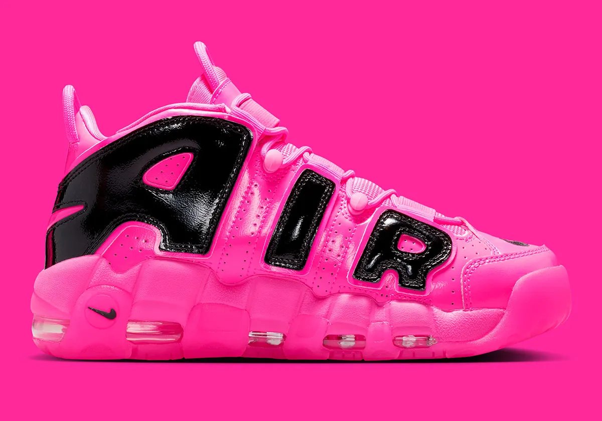 Nike Air More Uptempo '96 in Pink Blast colorway, featuring the signature exaggerated toe box and translucent forefoot paneling - detail view 3