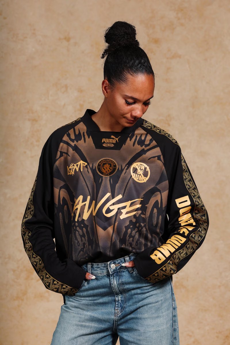 A$AP Rocky x PUMA Manchester City black and archive gold longsleeve jersey with 'DON'T BE DUMB' and 'MANCHESTER' graphics - detail view 5