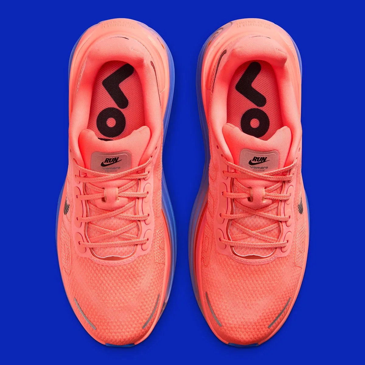 Nike Vomero Premium in Crimson and Blue colorway with gradient midsole detail and repositioned Nike Run tongue emblem - detail view 3