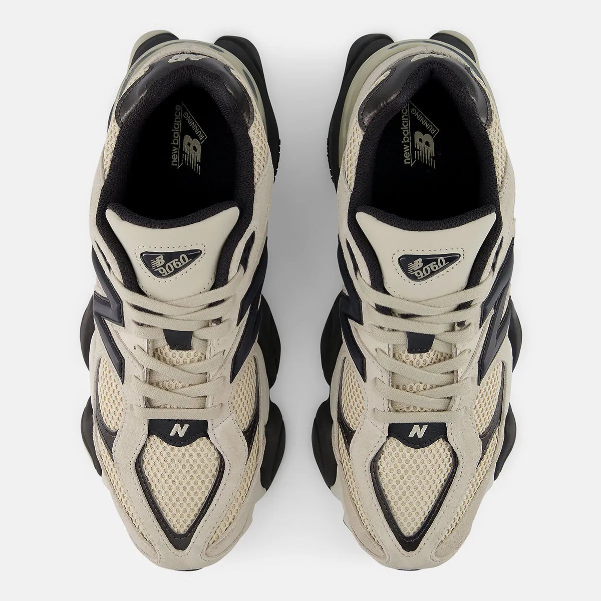New Balance 9060 Timberwolf featuring grey suede paneling with black midsole and accents - detail view 3