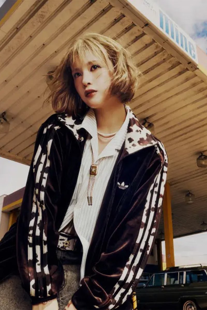 9090 x adidas Originals Track Jacket in Navy colorway with cow-print Three Stripes detail and velour construction - detail view 1