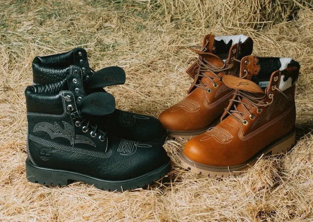 Sneaker Politics x Timberland Outlaw and Rodeo 6-Inch Boots in black pebbled leather and brown cow-print, September 2026 release