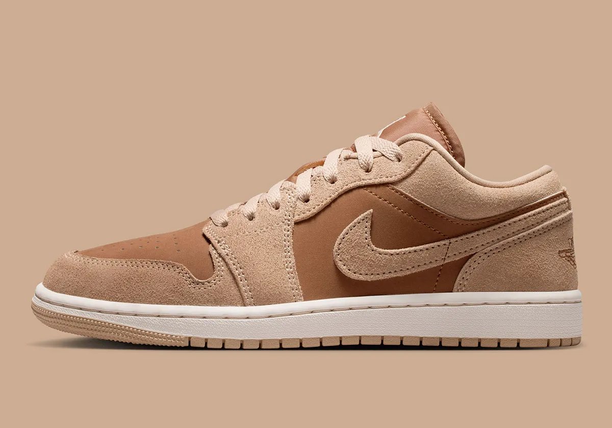 Nike Air Jordan 1 Low in Legend Medium Brown and Light British Tan colorway, women's sizing - detail view 1
