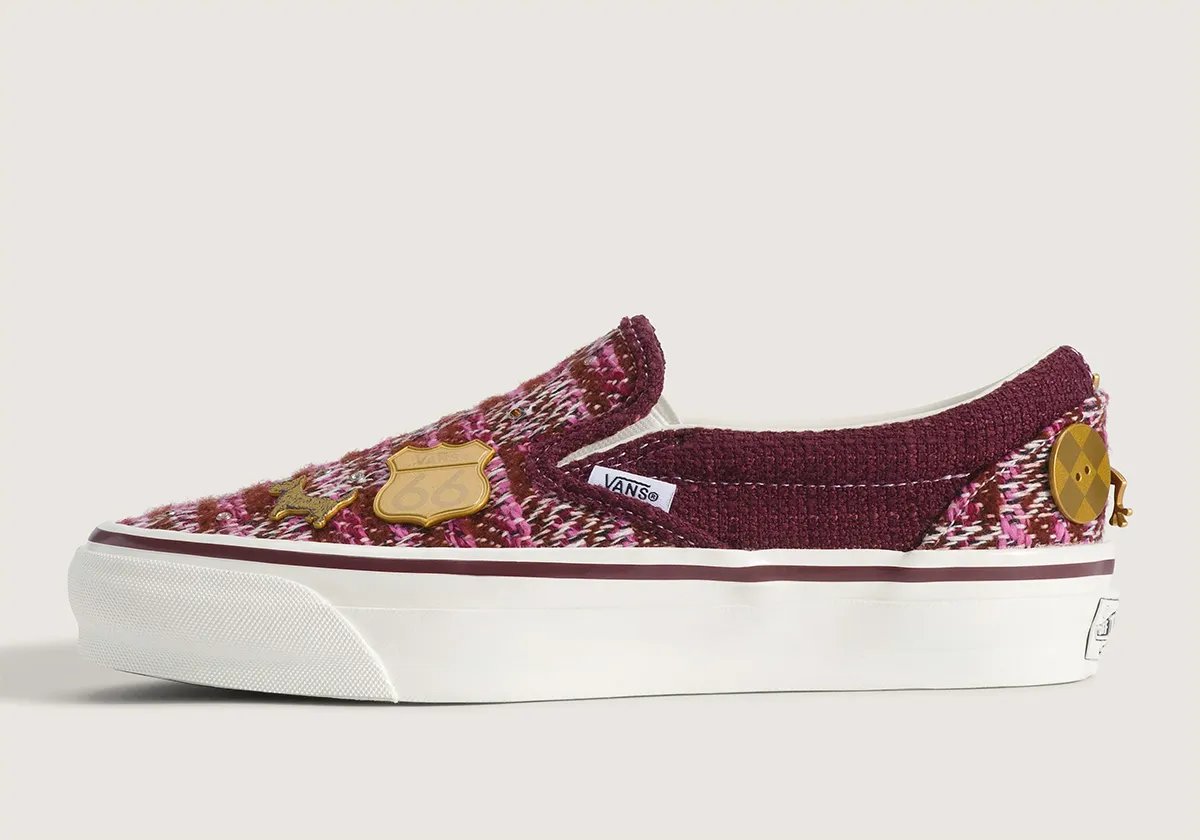 Vans Slip-On Cardigan in pink/red and white colorway with multi-color yarn and embroidered Americana details - detail view 1