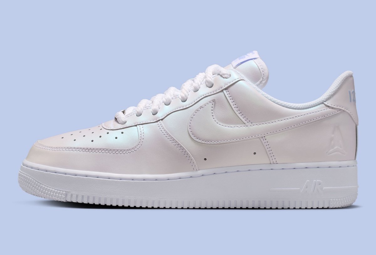 Ja Morant x Nike Air Force 1 Low Pearl in white with pearl finish and cobalt blue accents, featuring braided rope laces and silver lace dubrae - detail view 3