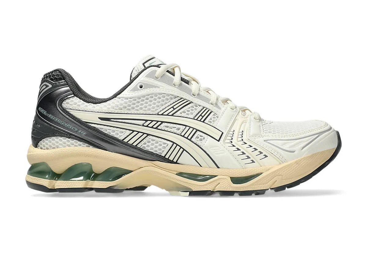 ASICS GEL-Kayano 14 in Cream and Obsidian Grey with jade green GEL cushioning accents, side profile view - detail view 1