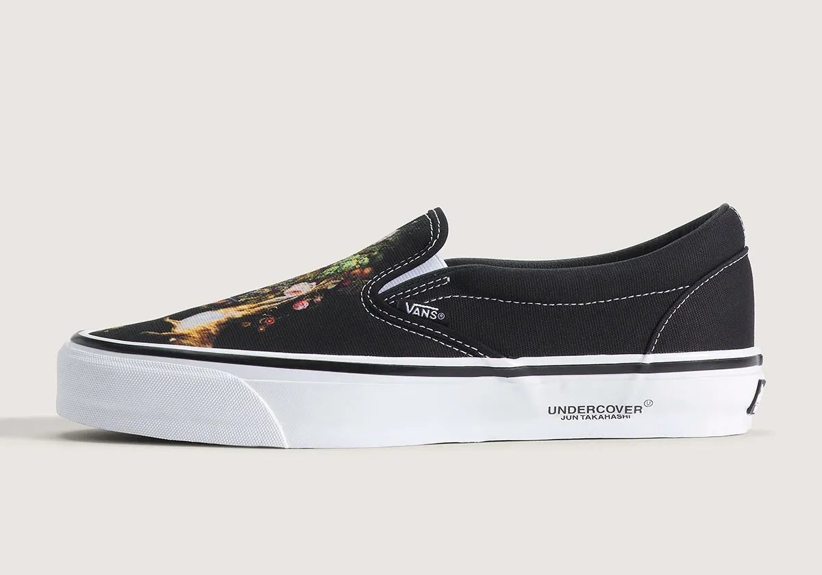 Vans x Undercover Slip-On featuring Emily Bennett painted artwork with flame and botanical motifs - detail view 2