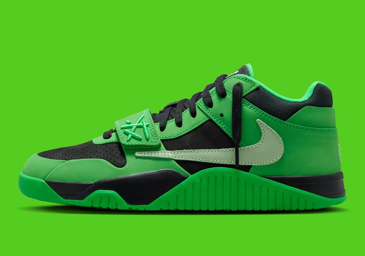Travis Scott x Jordan Jumpman Jack 'Celtics' in Green Spark colorway, lateral three-quarter view showing full silhouette - detail view 1