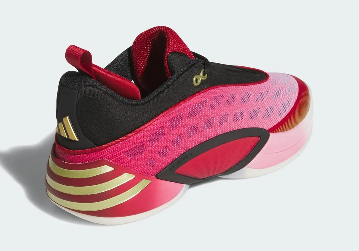 Adidas DON Issue #8 in Cavaliers wine, red, and gold colorway with gradient mesh upper and metallic gold branding - detail view 3