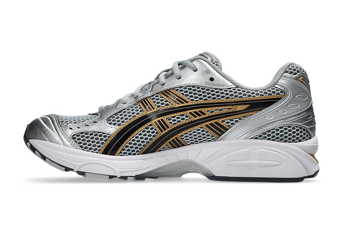 ASICS GEL-Kayano 14 in Silver and Gold colorway with mesh upper and gold GEL pod detailing - detail view 3