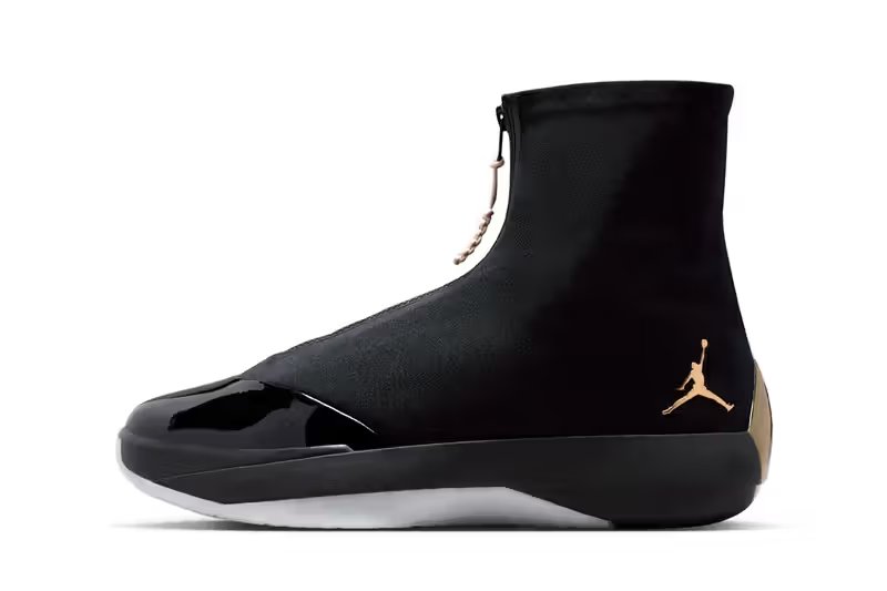 Air Jordan 4028 in Black with metallic gold and pearl white detailing, shown from lateral side profile - detail view 2