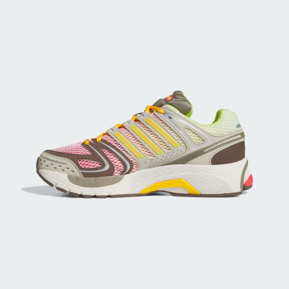 Larry June x adidas Adistar Control 5 'Watermelon Smoothie' in semi lucid red, semi solar slime, and clay colorway with oversized branding on the tongue - detail view 3