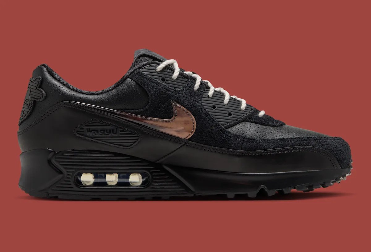 Wagyu x Nike Air Max 90 in black and anthracite with gold accents and hairy suede quarter panel - detail view 4