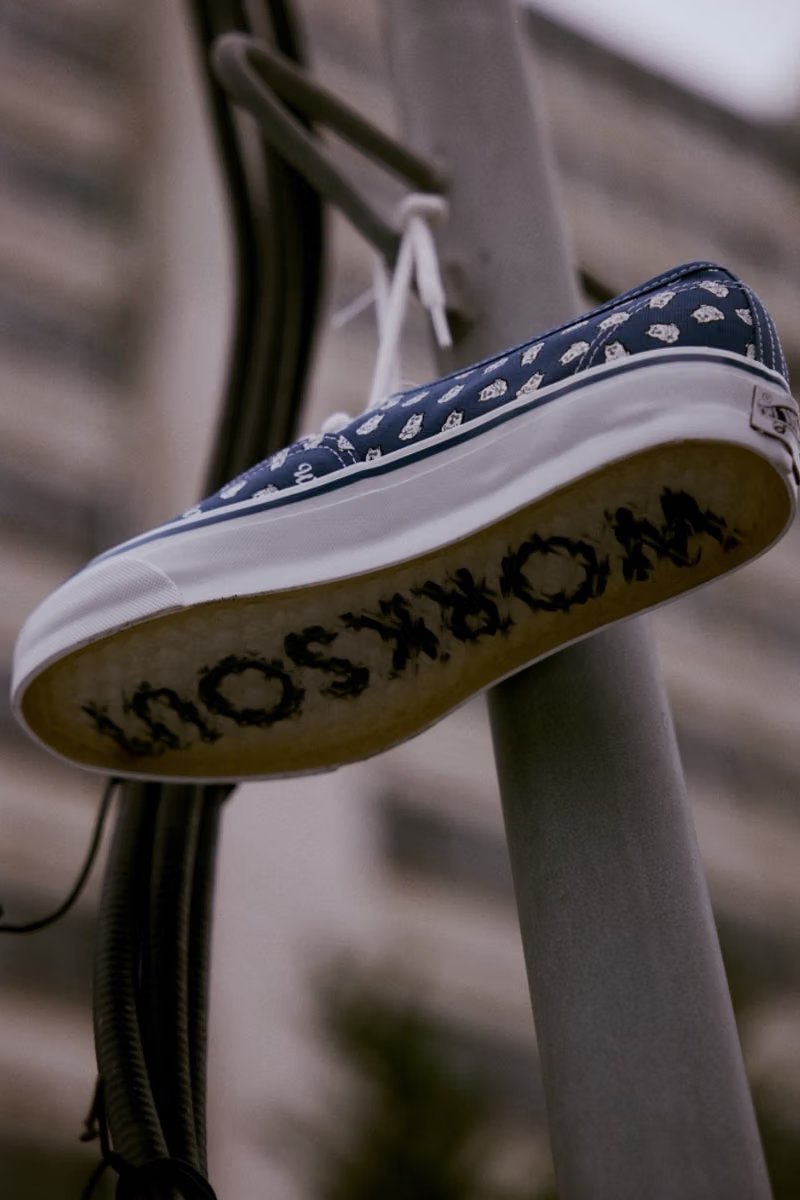 WORKSOUT x Vans Premium Authentic WORKGU SAN collaboration in white and navy blue with all-over cartoon graphics - detail view 3