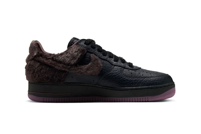 Nike Air Force 1 Low "NYC Rat" in Baroque Brown and black leather with brown faux fur detailing on Swoosh and collar - detail view 3