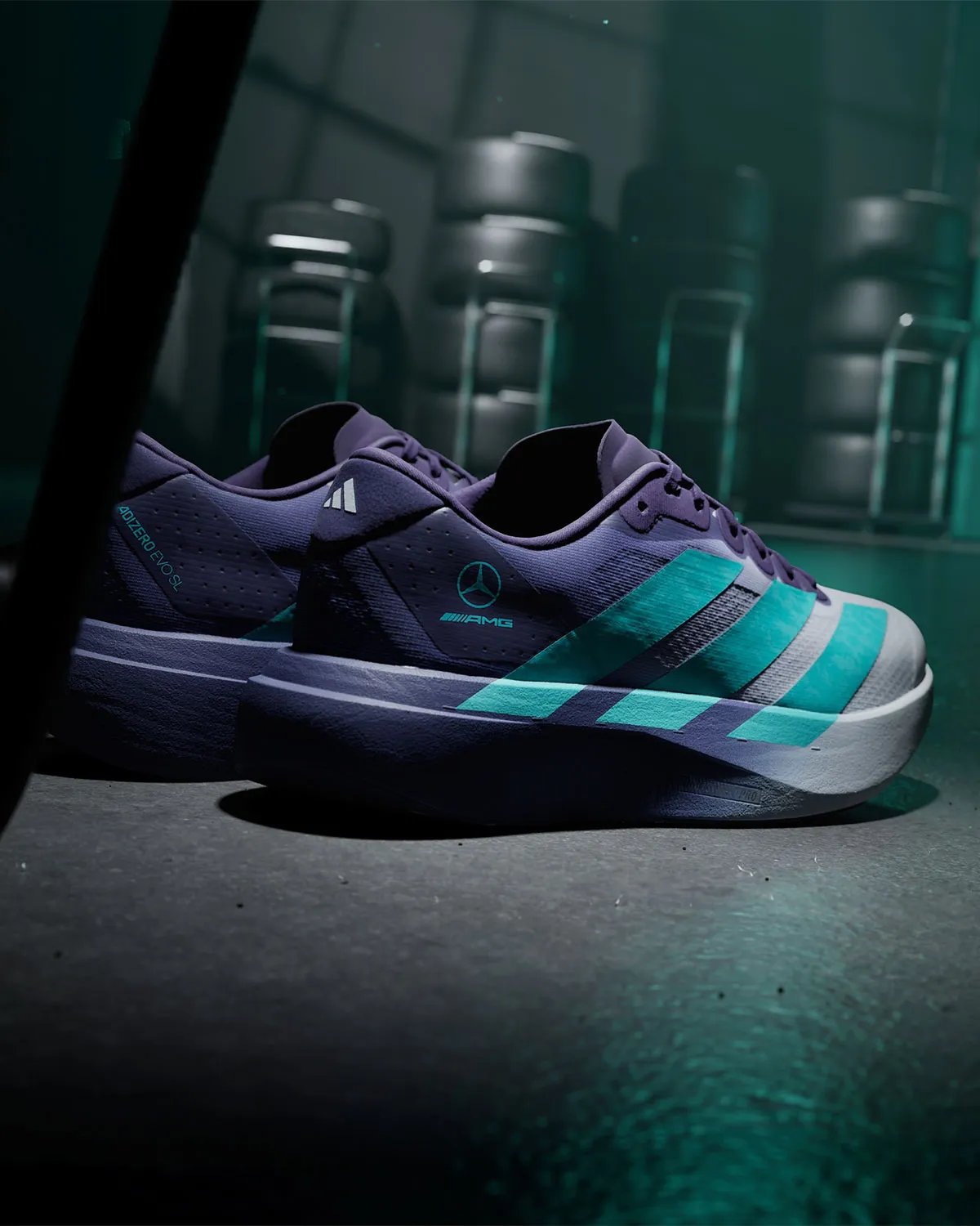 Mercedes AMG Petronas F1 x adidas adiZero EVO SL in Vanda orchid purple gradient with hi-vis teal Three Stripes accents - detail view 2