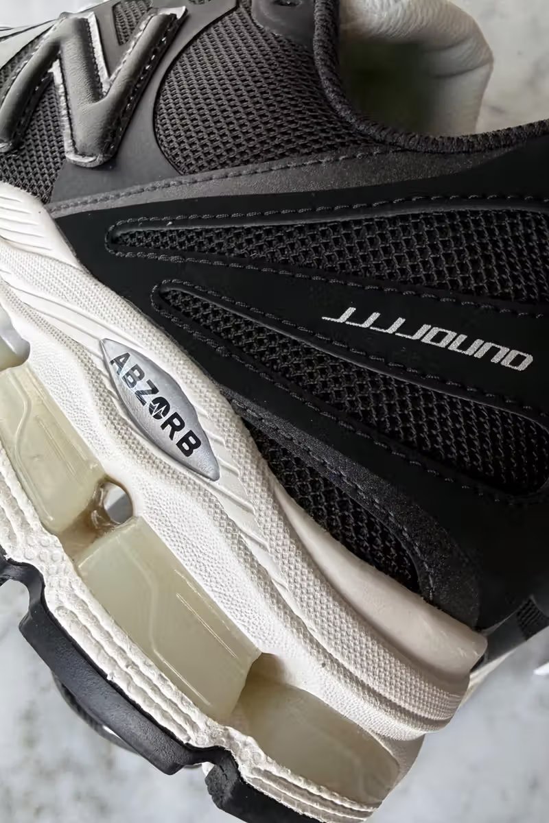 JJJJound x New Balance 1890 in black mesh with white satin taping, tuxedo-inspired aesthetic - detail view 1