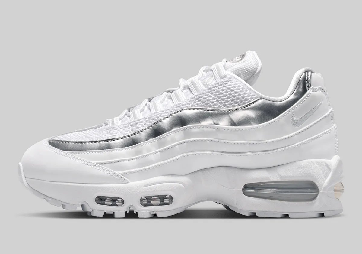 Nike Air Max 95 in pure white with metallic silver accents on mudguard and visible Air Unit - detail view 1