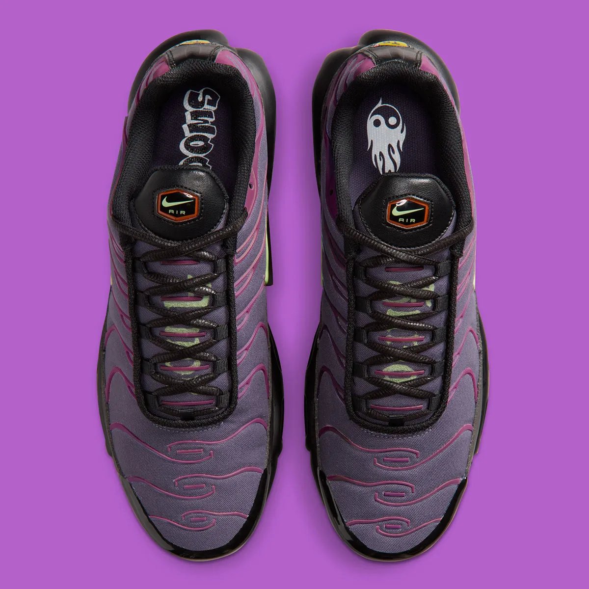 Nike Air Max Plus in Dark Raisin with Liquid Lime accents, featuring denim paneling and flaming yin/yang interior graphic - detail view 3