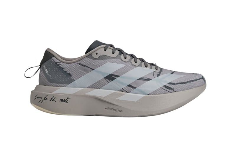 Song for the Mute x adidas Adizero EVO SL 'Dove Grey' sneaker featuring tonal grey mesh upper with hand-drawn graphics and 'Run, Run, Run' script detailing - detail view 3