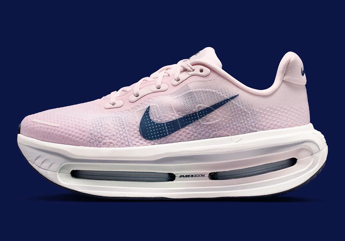 Nike Vomero Premium in Pearl Pink with Midnight Navy Swoosh and Barely Green Zoom Air cushioning unit - detail view 1