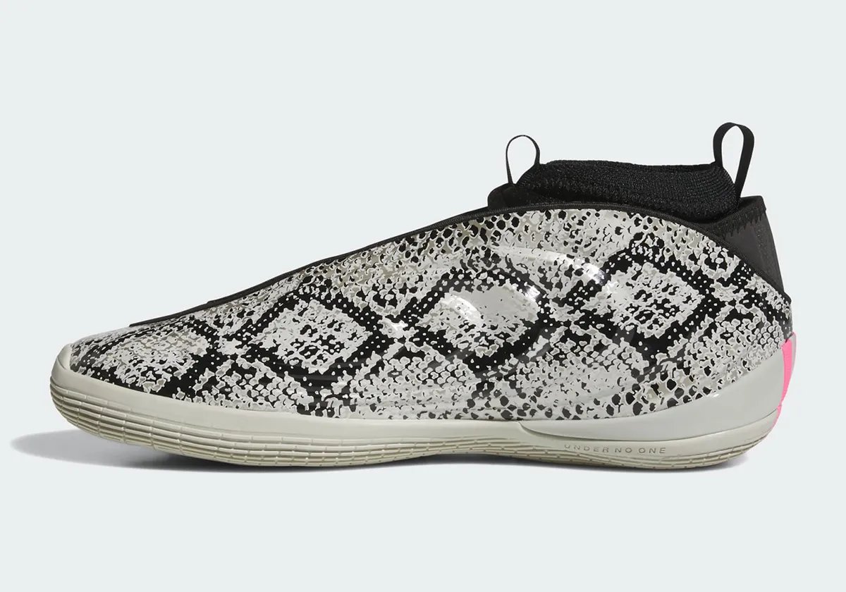 adidas Harden Vol. 10 in black and grey snakeskin print with pink accents and light grey midsole - detail view 3