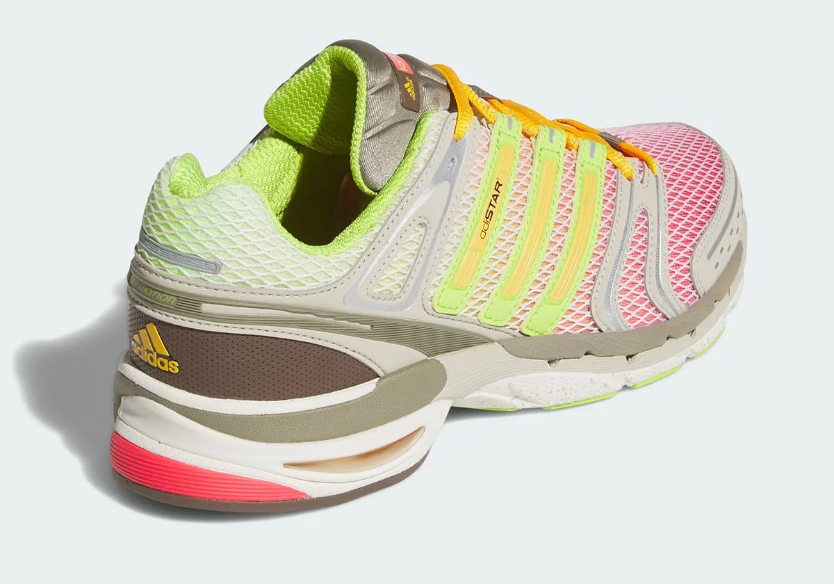 Larry June x adidas Adistar Control 5 in Semi Solar Slime and orange gradient colorway, side view - detail view 2
