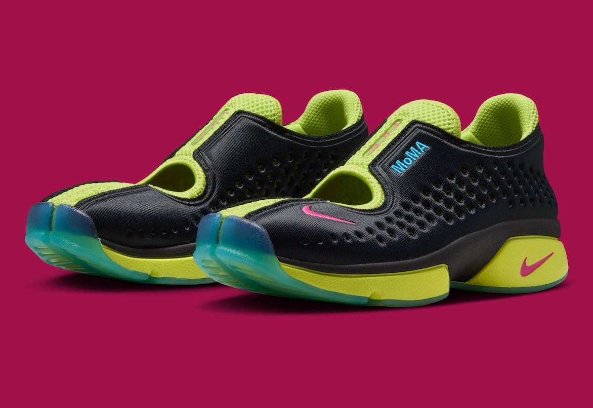 Nike Air Rift x MoMA collaboration sneaker in green-and-pink colorway, featuring split-toe design and museum branding on lace panel - detail view 2