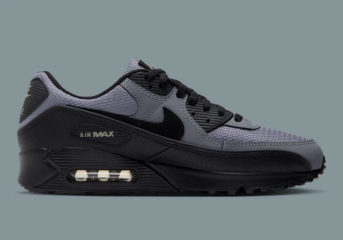 Nike Air Max 90 Cool Grey showing monochromatic greyscale leather and mesh construction with Light Army accents - detail view 3