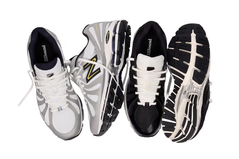 JJJJound x New Balance 1890 in black and silver colorways, side profile view showing technical '90s runner construction - detail view 2