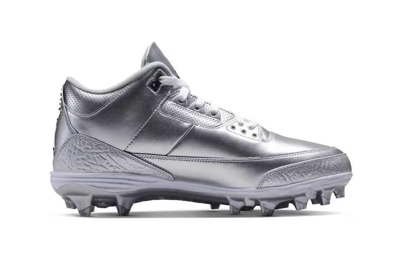 Air Jordan 3 Mid TD cleats in Metallic Silver with tumbled leather upper and elephant-print overlays - detail view 3