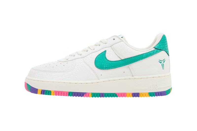 Kobe Bryant Nike Air Force 1 Low in Sail with mismatched Emerald Green and Hyper Purple accents and confetti-detailed sole - detail view 2