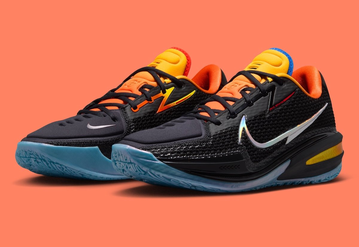 Nike GT Cut 1 in 'Before The Light' colorway by Dylan Harper and TITAN, featuring black mesh upper with orange, yellow, blue, and red accents - detail view 2