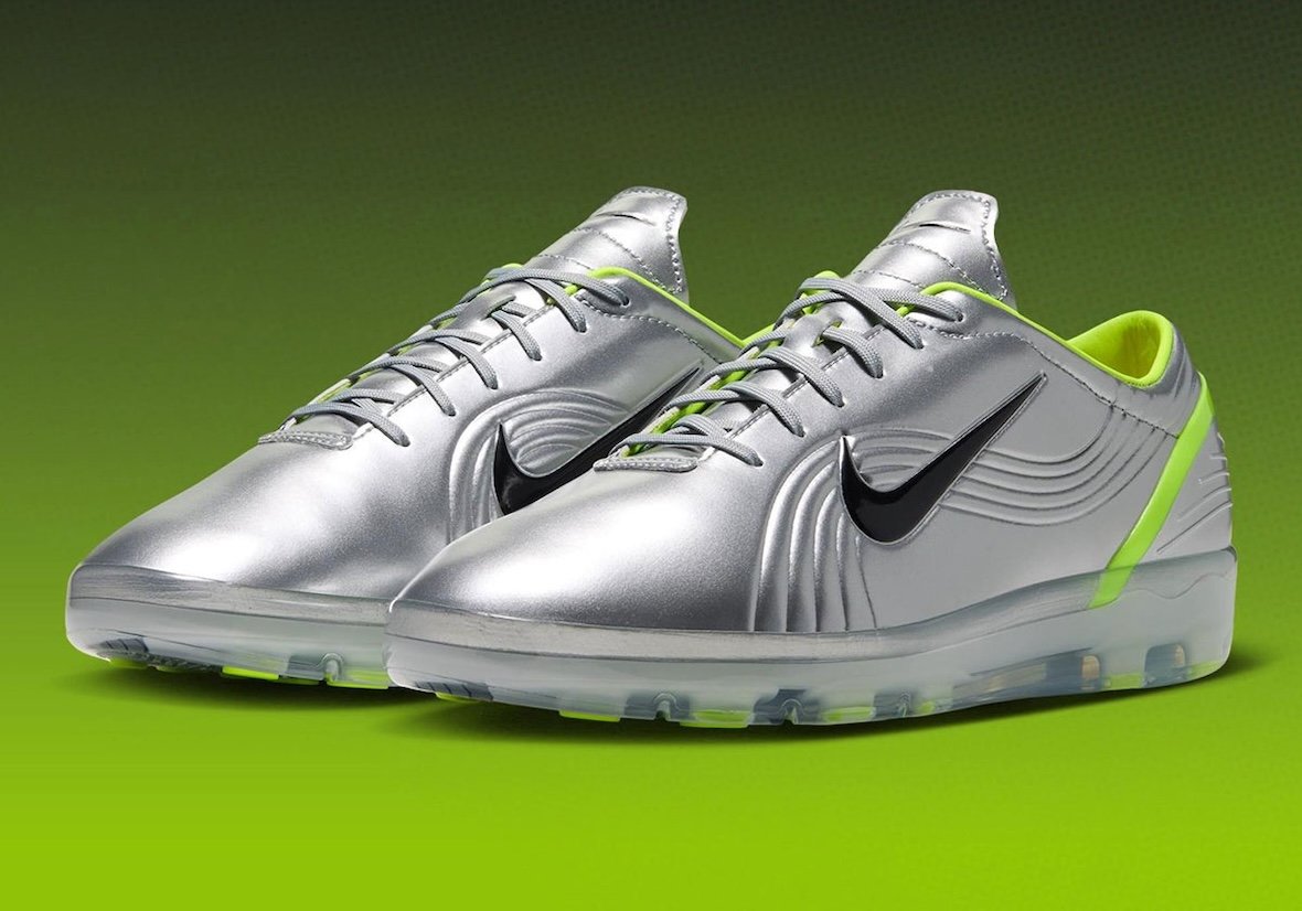 Nike Mercurial Vapor 1 OG Chrome with metallic silver upper and Hot Lime accents, featuring translucent Cryoshot sole tooling - detail view 2