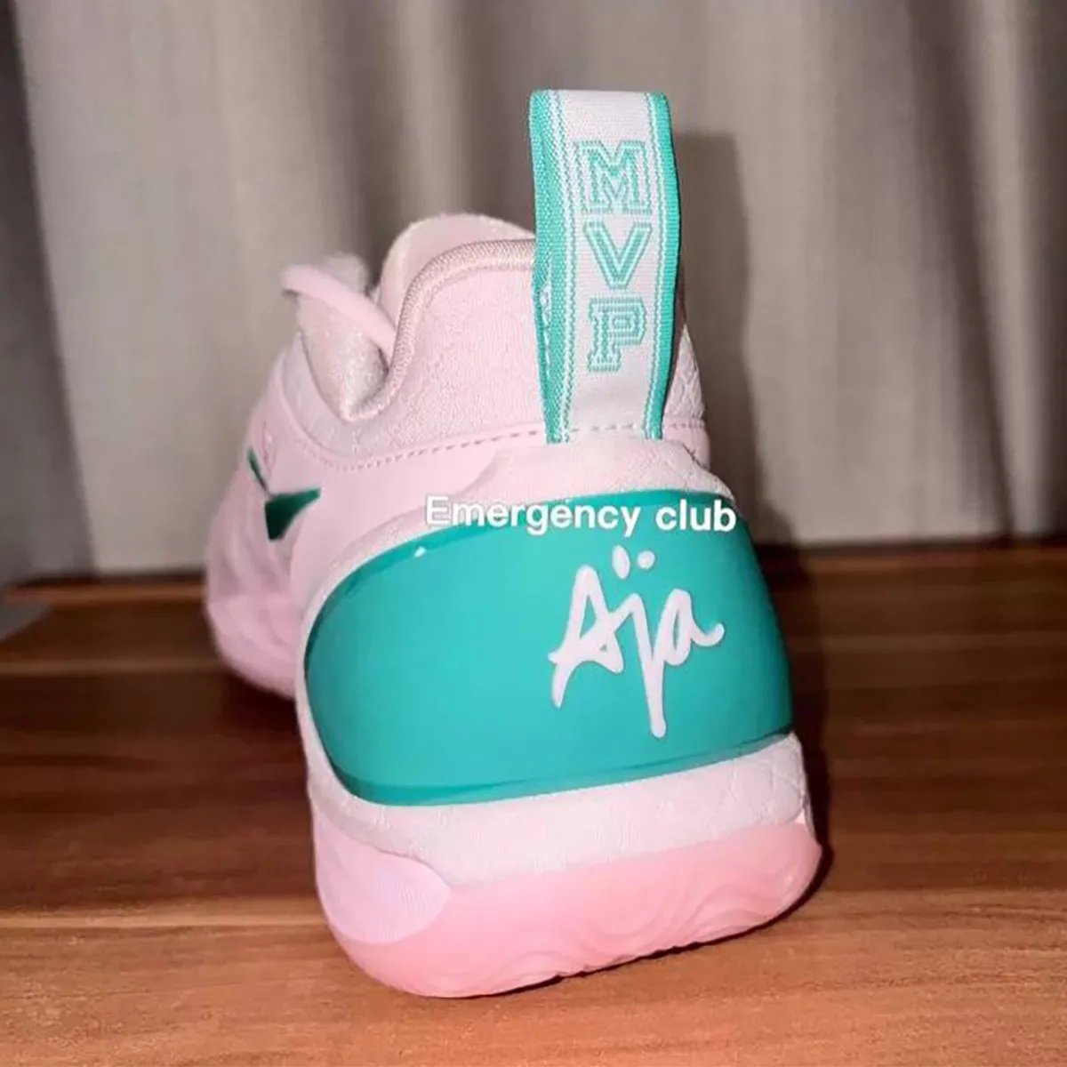 Nike A'Two MVP in pink and green colorway, featuring green heel counter and Swoosh accents with MVP pull-tab - detail view 2