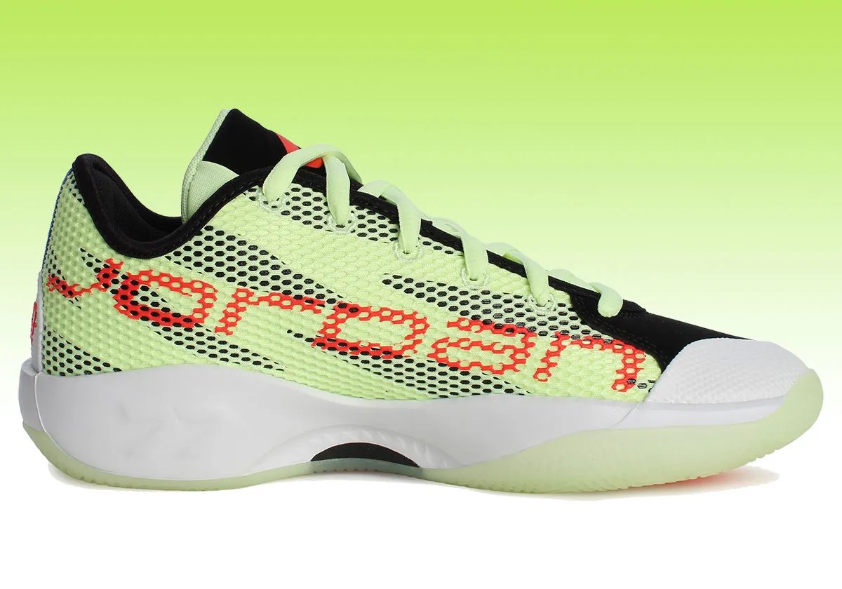 Jordan Luka .77 in Barely Volt and Infrared 23 colorway with jet-black midline accents - detail view 2