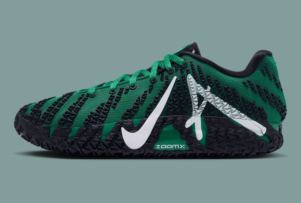 Nike Ja 3 'Garden' in malachite green with white Swoosh and oversized lateral A branding, inspired by Ja Morant's Madison Square Garden player-exclusive - detail view 3