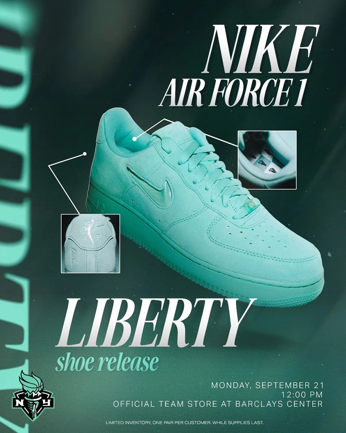 Nike Air Force 1 Low Jewel in New York Liberty mint colorway with torch detail on heel and WNBA branding