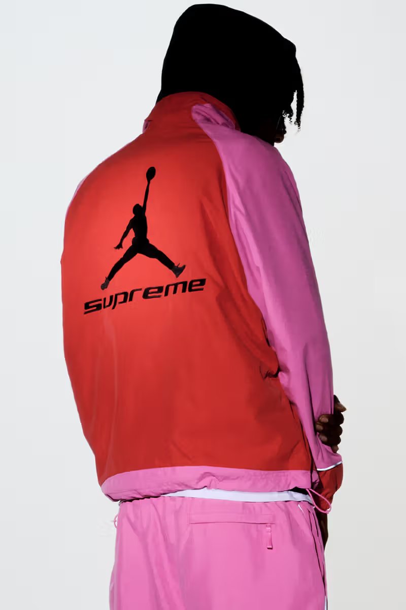 Supreme x Jordan Brand hooded leather jacket with number 23 detail and quilted satin lining from Spring 2026 collection - detail view 4