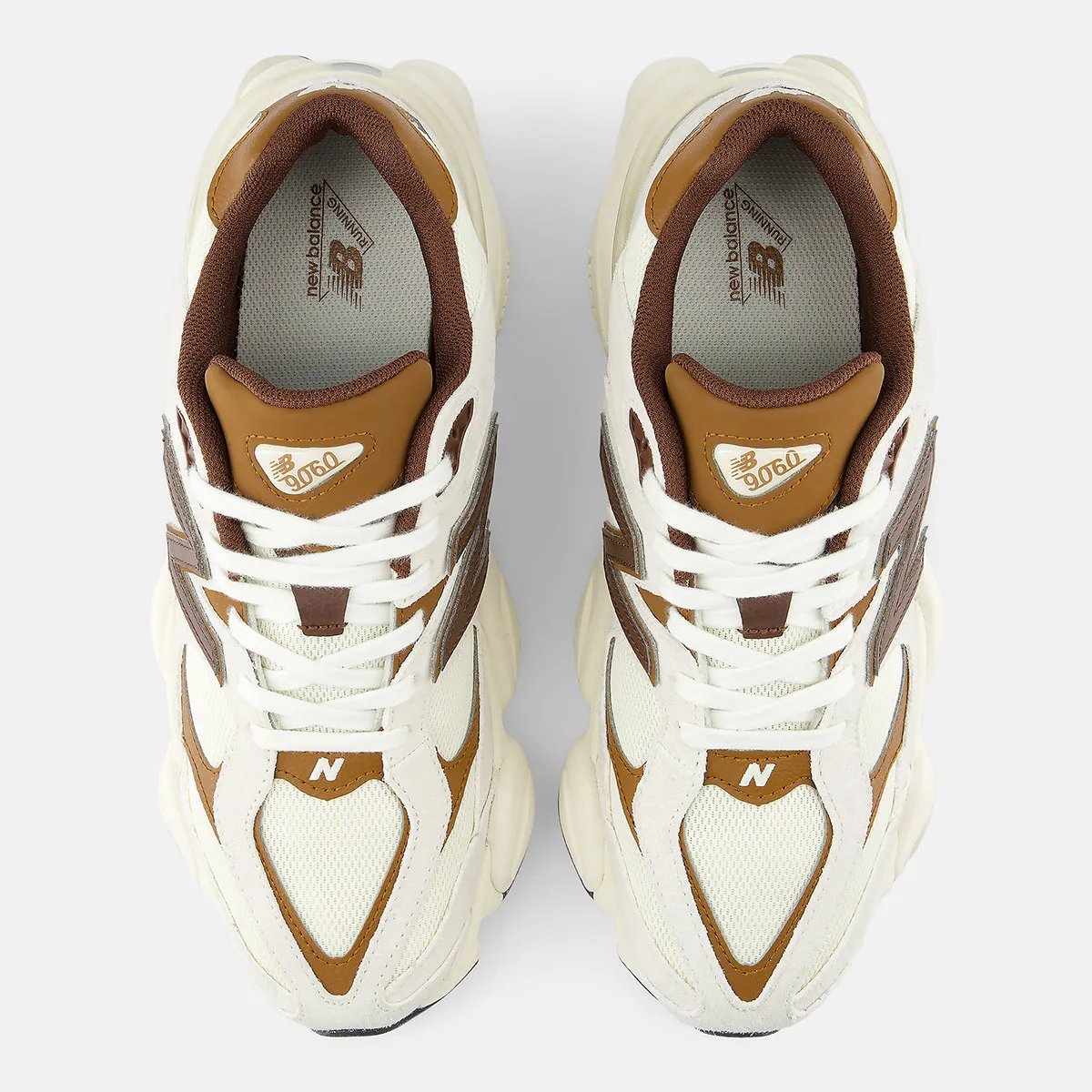 New Balance 9060 in Breakfast Tea/Angora colorway, featuring off-white uppers with sparrow brown accents on heel tab and tongue - detail view 2