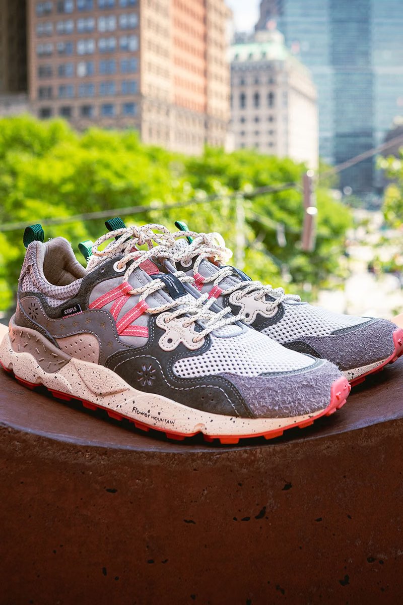 Flower Mountain x Staple Yamano 3 sneaker featuring floral and pigeon embroidery in charcoal grey, dusty coral, and orange - detail view 2
