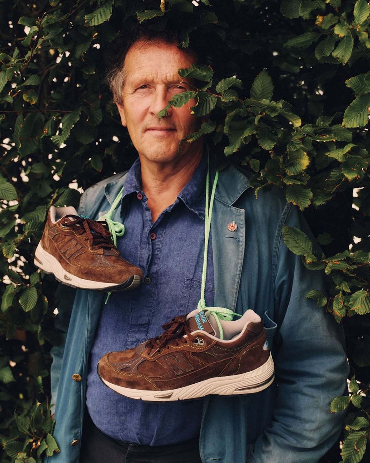 Bleue Burnham x New Balance 991v1 in brown suede with colorful stitching details, inspired by Flimby factory garden - detail view 3