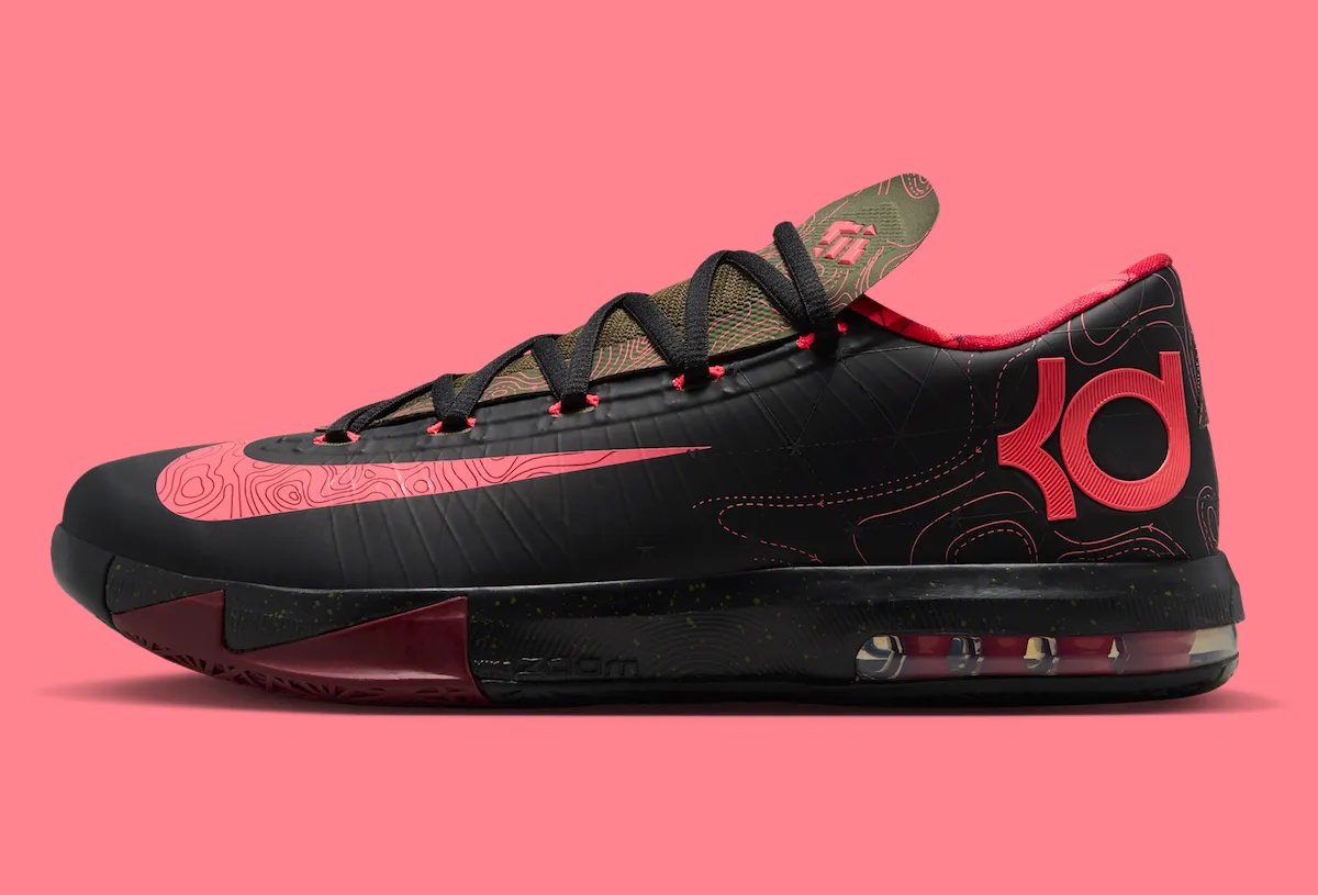Nike KD 6 'Meteorology' in Black, Medium Olive, and Red colorway, showing checkered weather-map inspired detailing on the upper - detail view 3