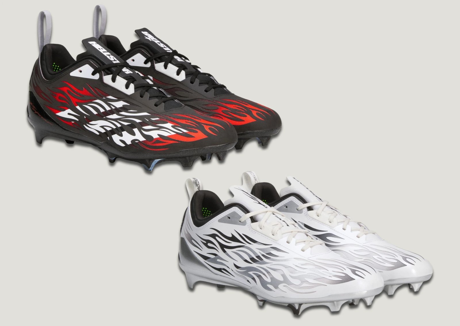 Hellstar x adidas Adizero Electric II Cleats Pack in black and red and black and white colorways featuring flame graphics across side panels and toebox - detail view 1
