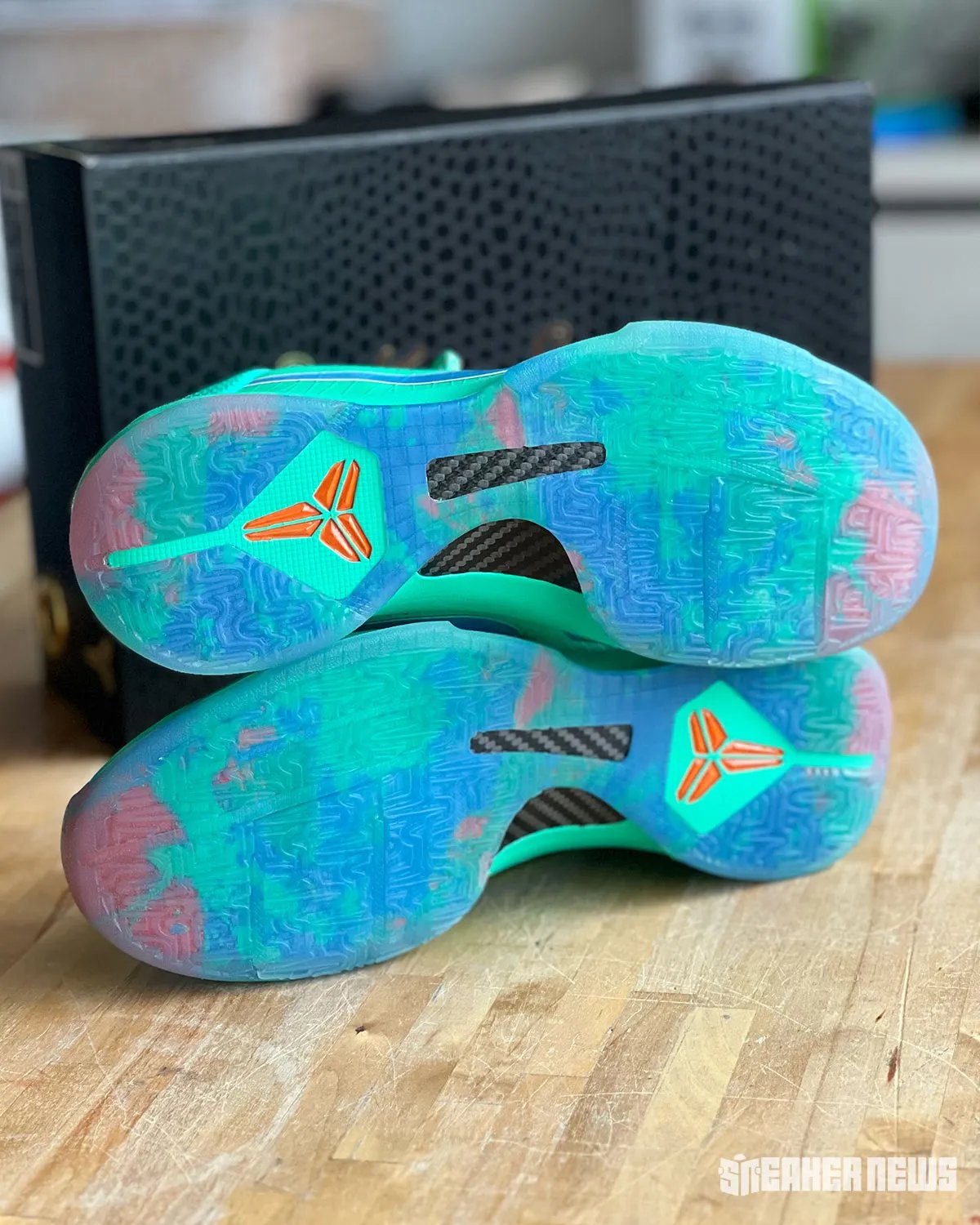 Nike Kobe 5 Protro 'NY vs. NY' in green, blue, and orange colorway inspired by New York City basketball courts - detail view 1