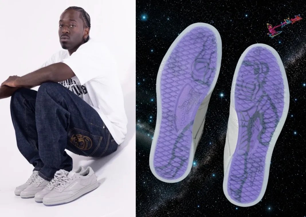 Billionaire Boys Club x Reebok Club C 85 in grey leather with translucent sole featuring astronaut mascot and purple background