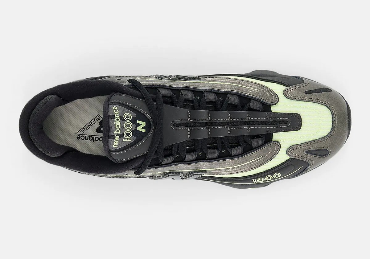 New Balance 1000 in Dry Lime colorway, featuring black base with neon lime accents - detail view 2