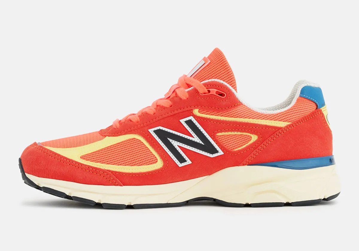 New Balance 990v4 in Urgent Red and Maize colorway, Bart Simpson-inspired design with suede overlays and mesh base - detail view 3