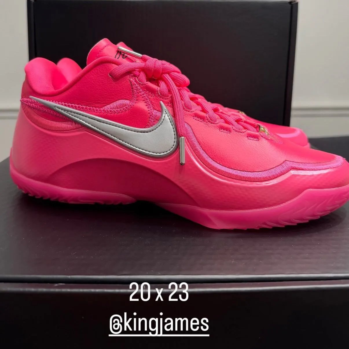Nike LeBron 23 Hyper Pink, a all-pink basketball shoe with metallic silver Swoosh honoring LeBron James's all-time scoring record - detail view 3